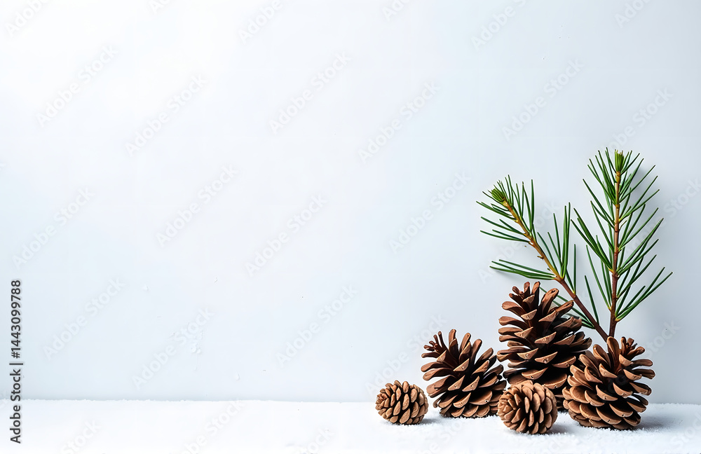 Poster a serene winter landscape featuring pine cones and branches set against a soft, white background wit