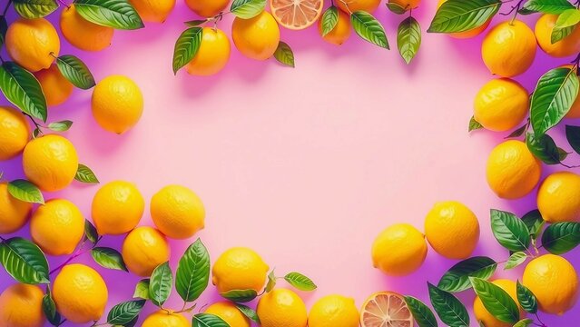 Fruchtiger Rahmen aus Zitronen und gr&uuml;nen Bl&auml;ttern auf einem Hintergrund f&uuml;r Patz von Texten. Ideal f&uuml;r Sommerdesigns, Einladungen, Rezepte, Poster oder mediterrane Deko-Projekte.