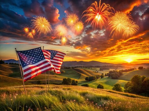 Patriotically Festive Fourth of July Landscape: American Flag, Fireworks, and Nature