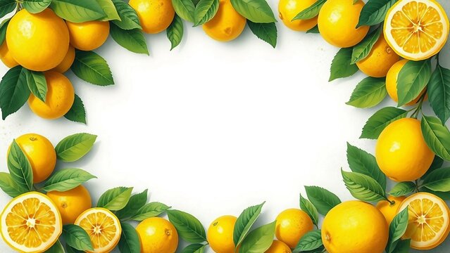 Fruchtiger Rahmen aus Zitronen und gr&uuml;nen Bl&auml;ttern auf einem Hintergrund f&uuml;r Patz von Texten. Ideal f&uuml;r Sommerdesigns, Einladungen, Rezepte, Poster oder mediterrane Deko-Projekte.