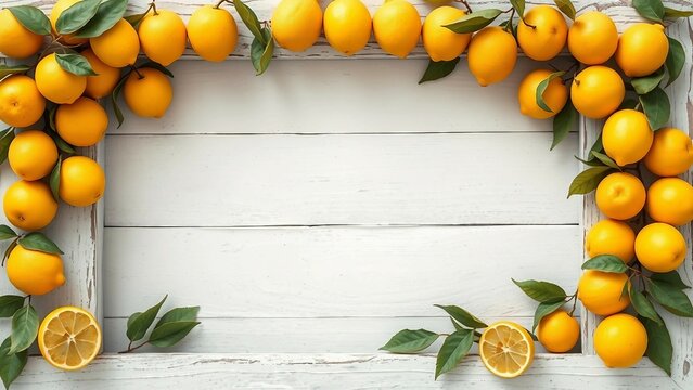 Fruchtiger Rahmen aus Zitronen und gr&uuml;nen Bl&auml;ttern auf einem Hintergrund f&uuml;r Patz von Texten. Ideal f&uuml;r Sommerdesigns, Einladungen, Rezepte, Poster oder mediterrane Deko-Projekte.