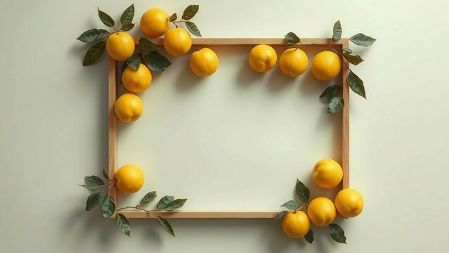 Fruchtiger Rahmen aus Zitronen und gr&uuml;nen Bl&auml;ttern auf einem Hintergrund f&uuml;r Patz von Texten. Ideal f&uuml;r Sommerdesigns, Einladungen, Rezepte, Poster oder mediterrane Deko-Projekte.