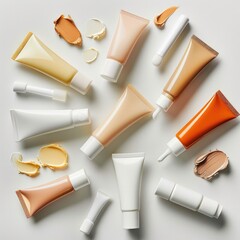 Collection of hand cream tubes, white background,