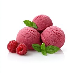 Raspberry ice cream scoops isolated on white background