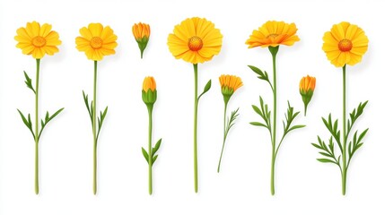 Fototapeta premium Collection of vibrant calendula flowers with delicate petals and lush green stems against a clean white background creating a visually appealing botanical illustration