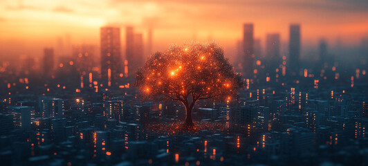 Naklejka premium Illuminated Tree Against Urban Skyline Digital Art Sunset Aesthetic Conceptual