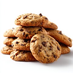 A stack of chocolate chip cookies on a white background close up