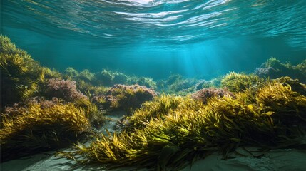 Obraz premium Vibrant underwater landscape showcasing seaweed and marine vegetation in clear coastal waters during daylight