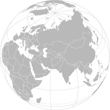 World vector map with country boundaries and graticules (Middle Asia-centered view, orthographic projection, PPT-compatible & fully editable)