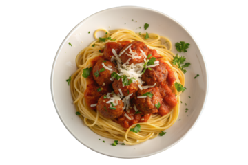 A top view of spaghetti and meatballs with tomato sauce and parmesan cheese on a white plate png on transparent background