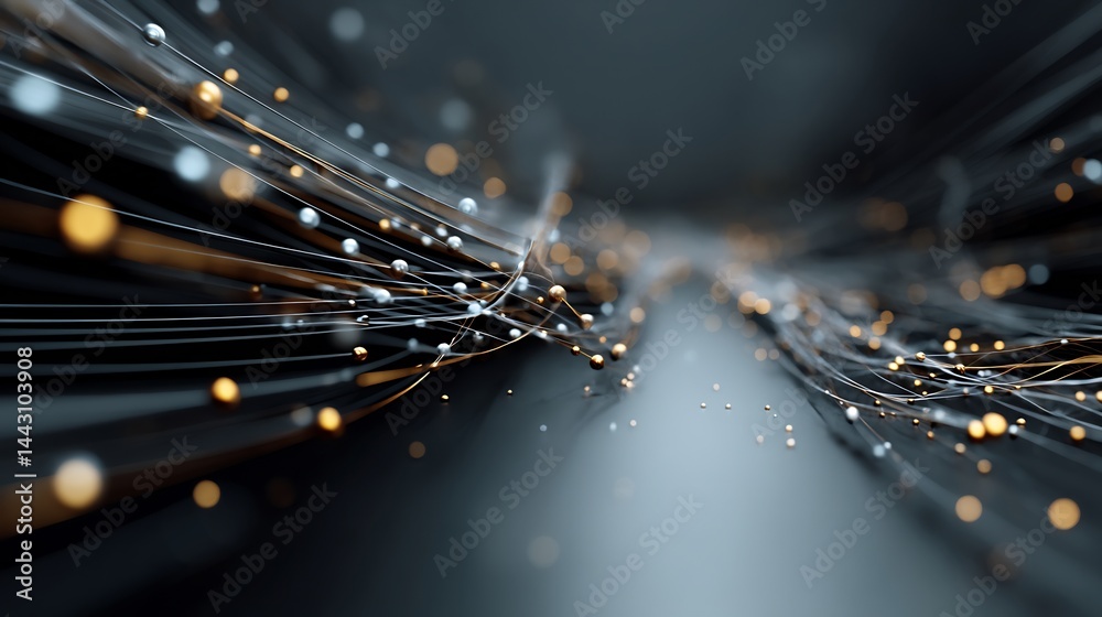 Poster golden network lines with glowing nodes create a dynamic abstract flow