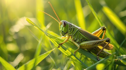 A grasshopper blending into the green grass with morning sunlight