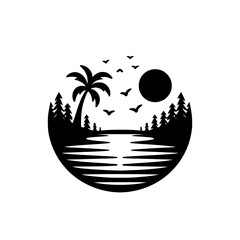 Tropical Sunset Scene Silhouette in Circle - Vector Illustration