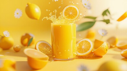Orange juice splash with orange and lemon slices