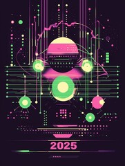 This artwork illustrates a vibrant and intricate design featuring circular shapes and lines in neon colors. It combines elements of technology and a futuristic aesthetic.
