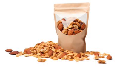 A kraft paper bag filled with assorted nuts and scattered on surface isolated on transparent background	