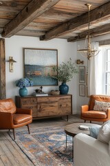 Mid-century modern living room with white walls, wood beams, orange leather chairs, abstract painting, and brass chandelier.