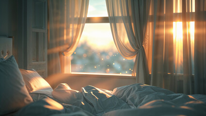 Sunlight through bedroom window with cozy pillows and warm morning tones