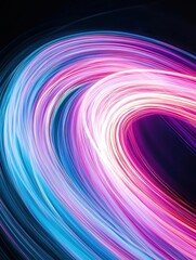 Abstract digital art piece that appears to be a spiral or a wave-like shape. the background is black, and the colors of the image are predominantly blue, pink, and purple.