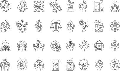 Fair Trade, Sustainability line icon set. Vector pictograms of ethical practices, eco-friendly initiatives, global responsibility