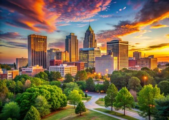 Raleigh NC Cityscape, High-Resolution Stock Photo: Downtown Skyline at Sunset