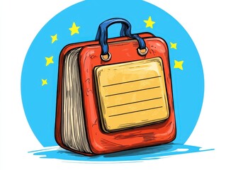 Cartoon Red Book Shaped Bag with Yellow Label and Stars on Blue Background