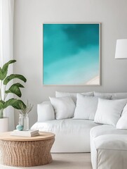 Modern living room with a white sofa and a round wooden coffee table in the center. the sofa is covered with white pillows and there is a large potted plant on the left side of the room.