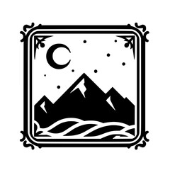 Night Mountain Scene Icon: Black & White Vector Illustration, Celestial and Rustic