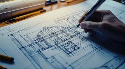 Architect blueprint and plan design with pen