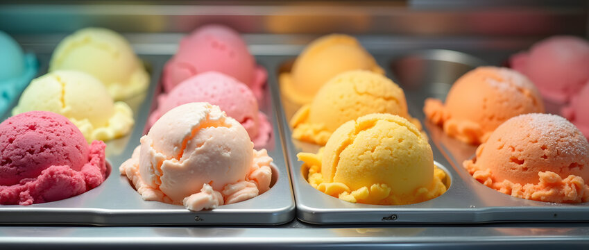 boules de glaces et sorbets color&eacute;s dans des bacs en inox pr&eacute;sent&eacute;s en vitrine