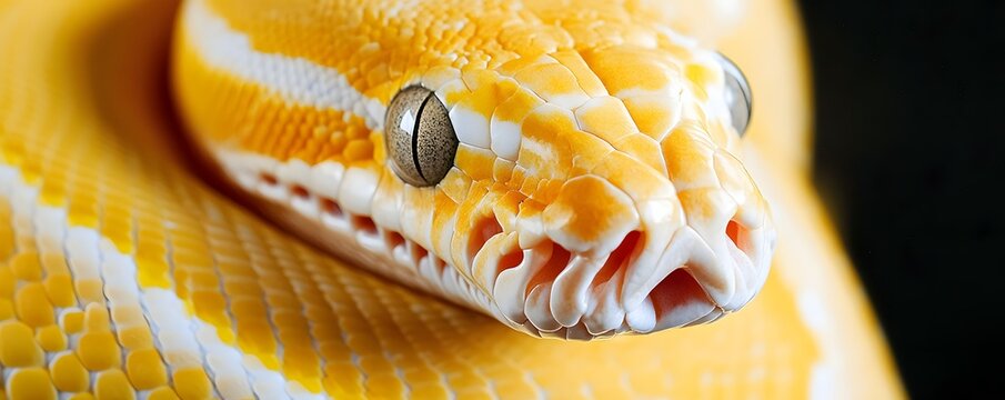 Close up shot of a yellow and white royal python