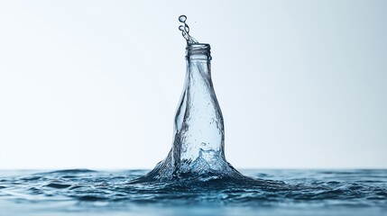 Water bottle emerges from water, creating splash and dynamic motion