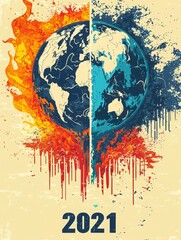 Fototapeta premium This artwork depicts the Earth split in half, with one side representing fire and destruction, and the other side signifying water and sustainability. It emphasizes the climate issues faced in 2021.