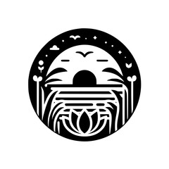 Obraz premium Minimalist Circle Design: Sunset, Lotus & Nature Elements