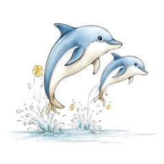 Fototapeta premium Two playful dolphins jump joyfully from the water with floral accents nearby.