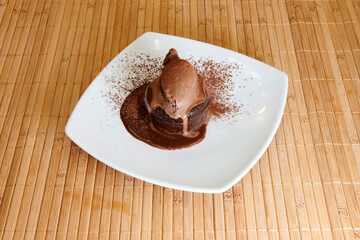 A chocolate dessert with a chocolate sauce drizzled on top. The dessert is on a white plate