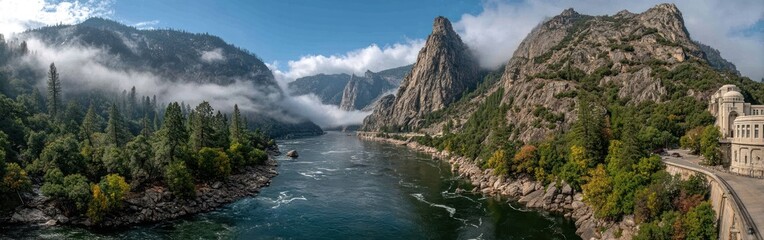 Hydroelectric station set among granite cliffs, with mist, icy rivers, and sunlight creating a stunning view
