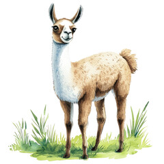 Obraz premium Cute Isolated Llama Standing in a Green Meadow Surrounded by Grass and Nature in a Colorful and Vibrant Illustration