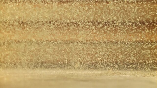 Wood sawdust on the carpenter's desktop. Filmed on a high-speed camera at 1000 fps. High quality FullHD footage