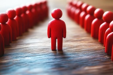 Red Figurines Representing Individuality and Decision Making in a Crowd with a Wooden Background for Conceptual Imagery and Visual Storytelling