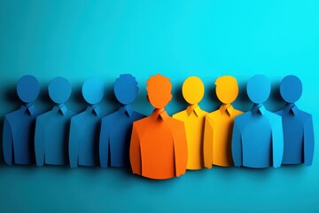 Paper cutout figures in blue and orange colors on a turquoise background representing diversity and teamwork in a creative and abstract way
