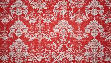 Vintage red flock wallpaper, damask pattern on white background, texture, vintage wallpaper
