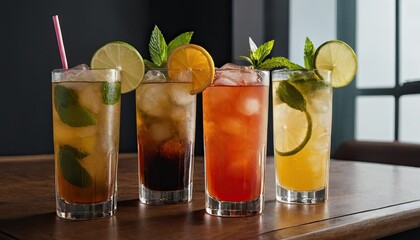 Four refreshing cocktails on a wooden table garnished with citrus and mint