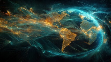Earth surrounded by countless glowing flight paths, showcasing the complexity of international air travel, futuristic background 