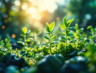 Young green plants sprouting from mossy ground, illuminated by warm sunlight in a vibrant, natural outdoor setting.