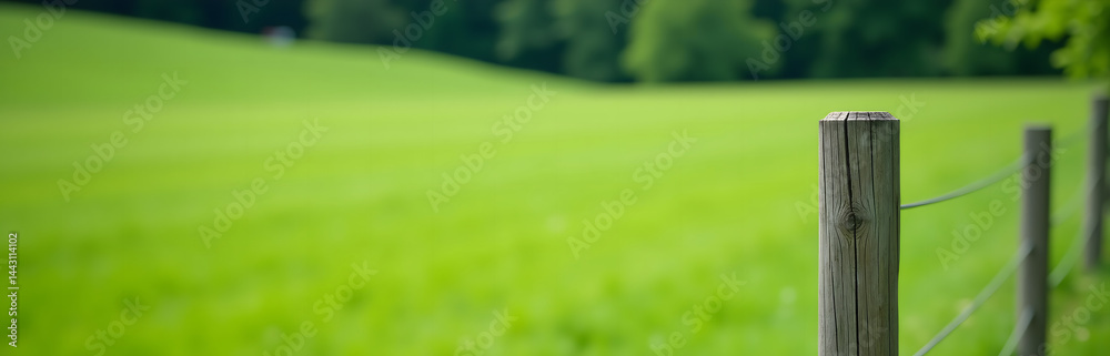 Poster a weathered wooden fence post stands alone in a lush green meadow with a soft focus blur surrounding