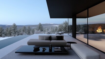 Fototapeta premium Modern minimalist villa terrace with luxury outdoor furniture overlooks a snowy pine forest during winter dusk.