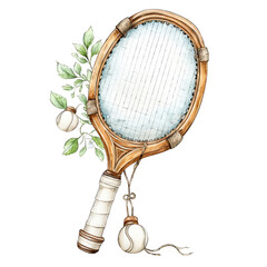 Watercolor painting shows tennis racket with balls and green foliage art.