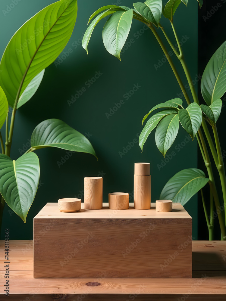 Poster a wooden podium is placed in a setting of a vibrant tropical forest for showcasing products on displ