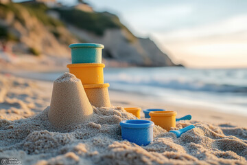 Sandcastle and Beach Toys on the Shore. A sandcastle and beach toys sit on the sandy shore near the ocean. The colorful toys invite playful moments, evoking childhood memories of summer days.